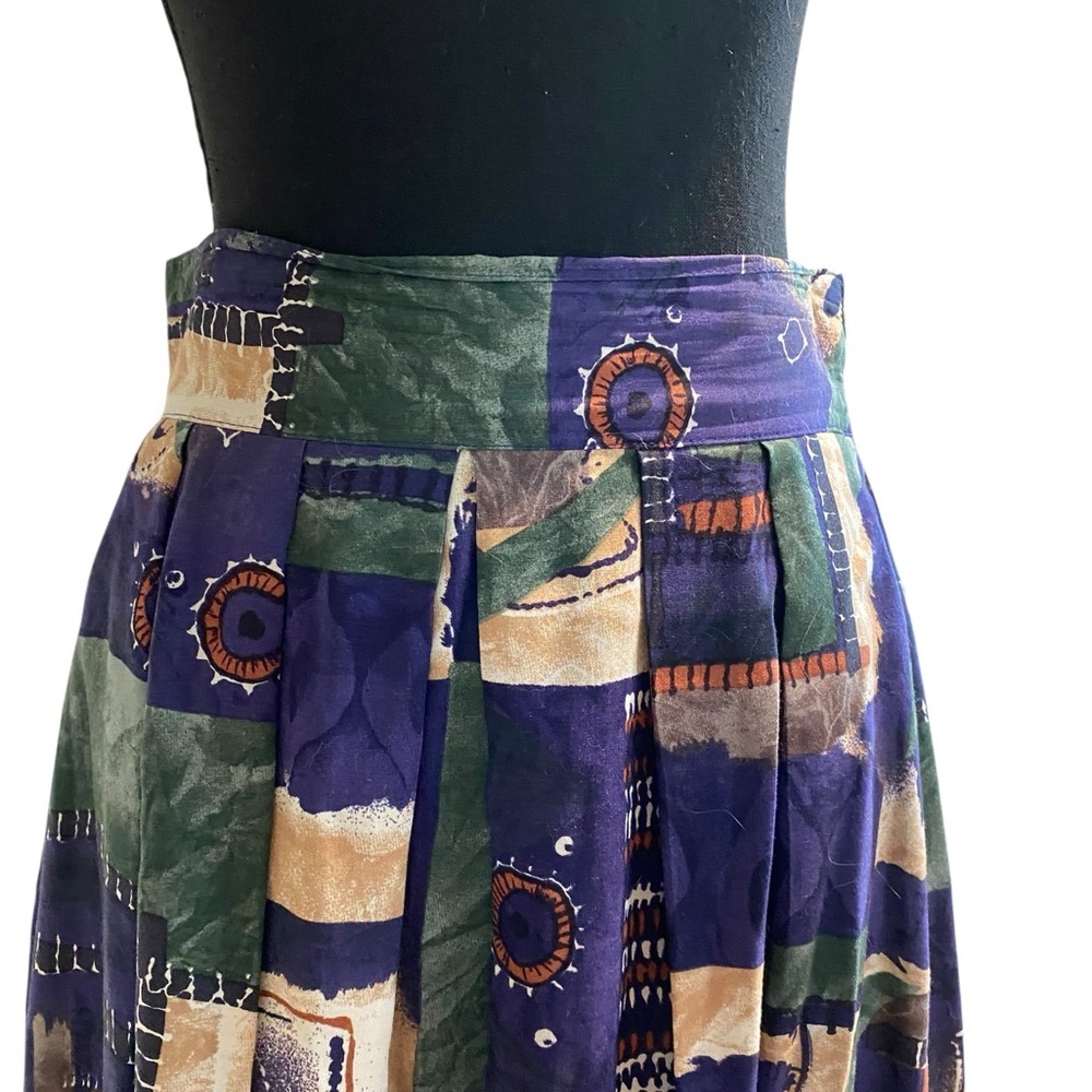 Vintage Indigo and Tan Printed Cotton Midi Skirt Size Small - Picture 3 of 5